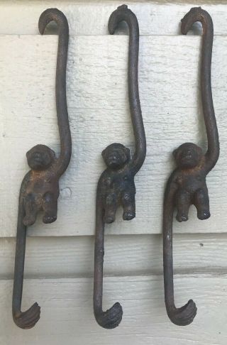 8” Cast Iron Monkey Hooks Vintage Set 3 Plant Pot Hangers Made In Japan