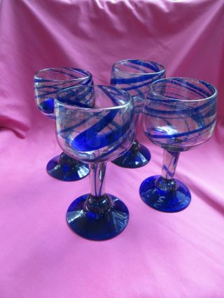Vtg Mexican Hand Blown Cobalt Blue Swirled Wine Goblets Set Of 4