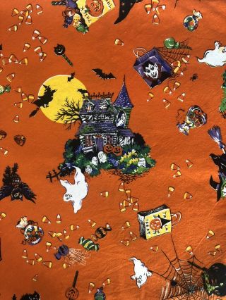 Vtg Fashion Industries Halloween Tablecloth Orange Haunted House Witch 60” X 80”