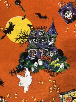 VTG Fashion Industries Halloween Tablecloth Orange Haunted House Witch 60” X 80” 3
