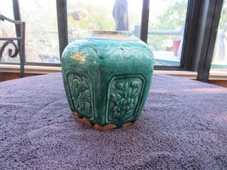 Vintage Antique Chinese Ginger Jar Green Drip Glaze Hexagonal 6 Sides