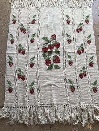 Vintage Handmade Crochet Afghan Blanket - White W/strawberries