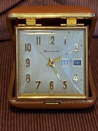 Vintage Bulova Day/date Folding Travel Alarm Clock With Glow - In - The - Dark Hands