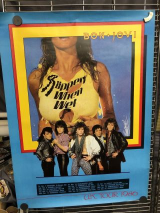 Bon Jovi Rare Vintage 1986 Uk Tour Slippery When Wet Poster Good Condtion 24x33