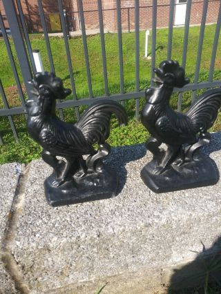 Pair Vintage Metal Cast Iron Rooster Bookends 7 1/2 " H Country Farmhouse Decor