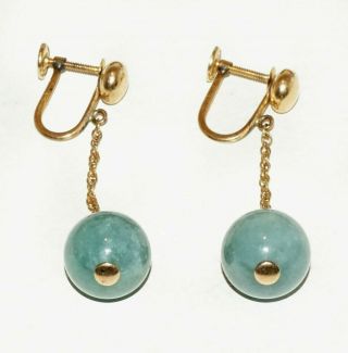 Vintage Chinese 12k Gold Filled Earrings W.  Jadeite Jade Dangle Accents (chc) 111