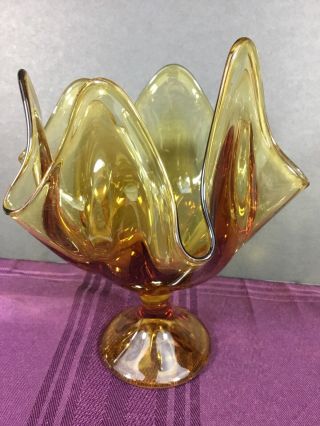 Vintage Viking Glass Amber 6 Point Vase Mid - Century 3