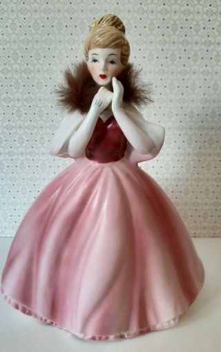 Vintage 1950s Japan Blonde Lady In Pink Dress & Faux Fur Ceramic Planter