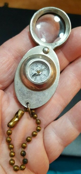 Vintage Occupied Japan Keychain Pocket Compass & Folding Magnifier Loupe Vg Lw