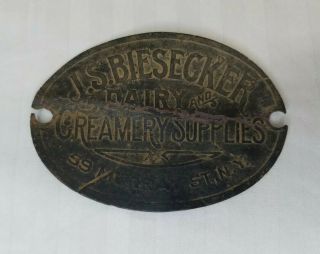 Vintage J.  S.  Biesecker Brass Creamery Cream Milk Can Metal Tag N.  Y.