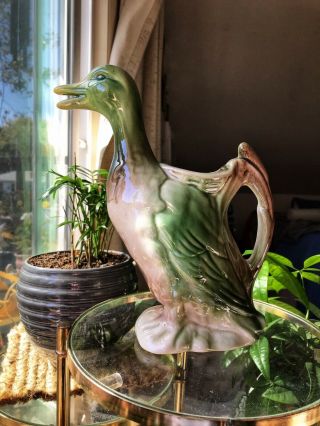 Vintage French Majolica Pottery Large Figural Duck Absinthe Pitcher Decanter