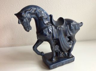Vintage Blue Glazed Pottery Horse Figurine Chinese Style 8 3/4 "