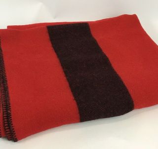 Vintage Wool Blanket Red Black Stripe Whip Stitched Hem Camping Camp 82 X 79