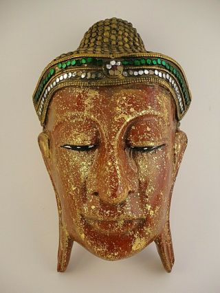 Vintage Tibetan Buddhism Art Mask With Green & Silver Glass Embellishments