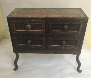 Vintage Wooden 4 Drawer Chest / Jewelry Box Hammered Metal,  Legs