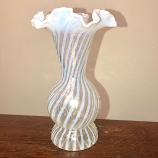 Vintage Fenton Glass Ruffled Top Vase - 8.  75” Clear White & Bluish Tone