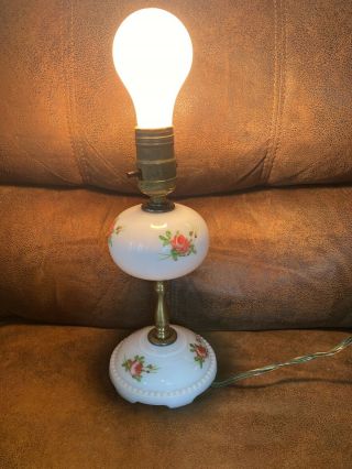 Vintage Milk Glass Lamp With Hand Painted Flowers Roses