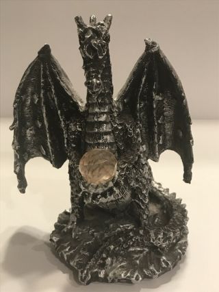 Vintage Fantasy Pewter Dragon Holding Crystal Ball 7 Inch Mystical Lore