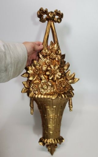 Vtg Mcm 60’s Syroco Hollywood Regency Style Gold Dart Wall Plaque Floral Basket