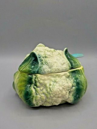 Antique Vtg Italy Majolica Cauliflower Head Covered Condiment Bowl Jar W/ladle