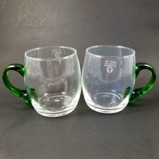 2 Vintage Hand Blown Glass Cups Clear With Applied Green Handles.  25l Coffee Mug