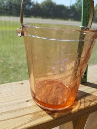 Vintage Depression Glass Pink Etched Ice Bucket With handle 3