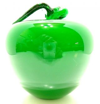 Vintage 1980s Solid Green Art Glass Apple Paperweight Hand Blown Applied Leaf