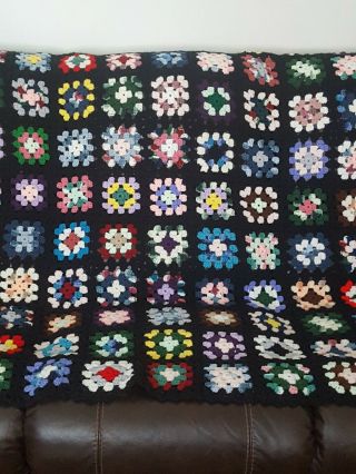 Vtg Hand Crochet Granny Squares Blanket Throw Afgan 64 " ×68 "