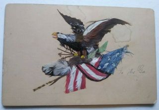 Vintage American Flag And Eagle Feather Picture Folk Art Ckx