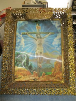 Vintage Metal Framed Holographic Jesus Crucifixion Lighted.  21 " X 17 "