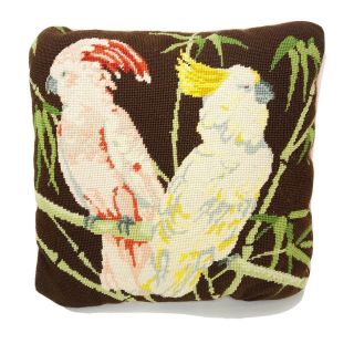 Vintage Bamboo Bird Pink Brown Hand Stitched Needlepoint Pillow Completed Stuff