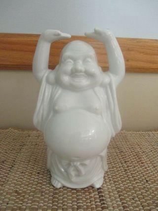 Large 9 " Vintage Japanese White Porcelain Statue Laughing Buddha Figurine - Japan