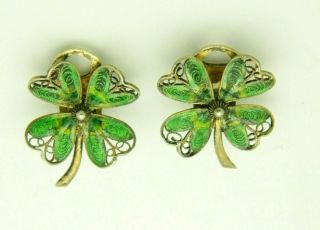 800 Silver Green Enamel Shamrock Filigree Vintage Clip Earrings