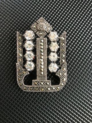 Vintage Marcasite 925 Sterling Silver Brooch Pin Pendant Rhinestone Marked