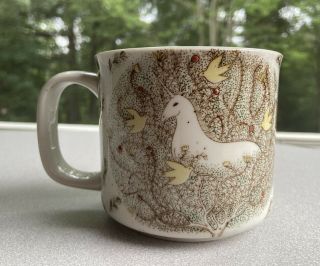 Htf Vtg Otagiri Unicorn & Doves Mug Cup Speckled Stoneware Handcrafted Japan