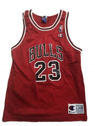 Kids Vintage Champion Red Michael Jordan Chicago Bulls 23 Jersey Size L 14 - 16