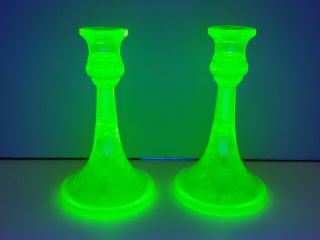 Vintage Pair Green Depression / Uranium Glass Candlesticks 7 " Tall