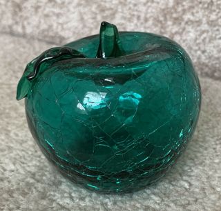 Vintage Blenko Hand Blown Crackle Glass Rare Dark Green Apple Paperweight