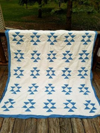 Vintage Hand Worked Blue White Cotton QUILT TOP Hand Stitched 80 x 96 To Finish 2