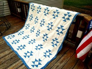Vintage Hand Worked Blue White Cotton QUILT TOP Hand Stitched 80 x 96 To Finish 3