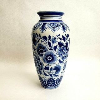 Vintage Porcelain Vase Blue & White Delft Style Hand Painted 8 " Tall Floral