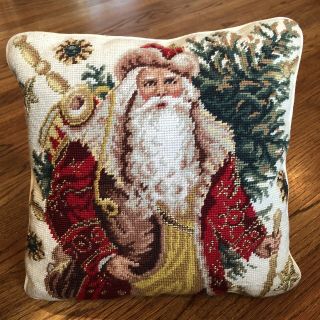 Vintage Santa Claus Christmas Needlepoint Pillow 13” X 13”