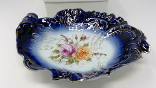 Vintage Carl Tielsch C.  T.  Germany Porcelain Cobalt & Floral Dish 11 " X 10 "