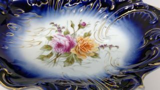 Vintage Carl Tielsch C.  T.  Germany Porcelain Cobalt & Floral Dish 11 