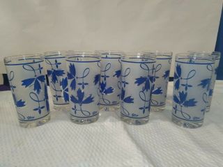 Colony Glass Vintage Tumblers Set Of 8 Blue Foral Vines