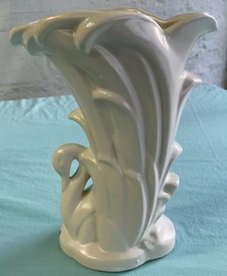 Swan Vase Vintage Mccoy Art Pottery Matte White W/teal Glaze C.  1940 