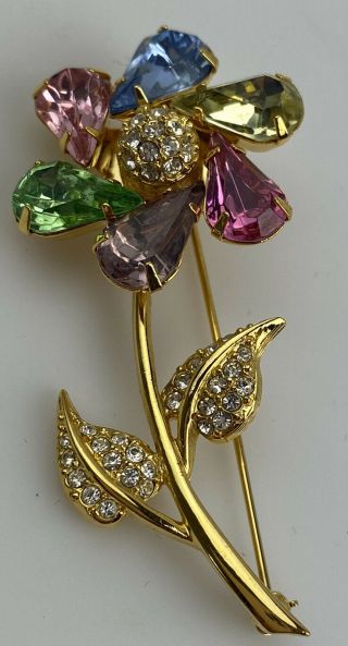 Vintage Joan Rivers Pastel Crystal Flower Gold Tone Stem Pin Brooch 3 Inch