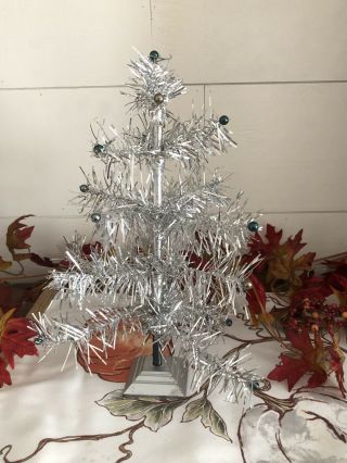 Vintage Silver Tinsel Foil Christmas Tree Miniature 12” Tall Tabletop Japan