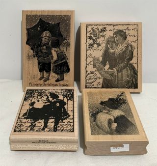 Vintage Christmas Collage Kids Ladies Children Holiday Wood Rubber Stamps Lot