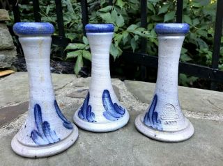 Vtg Rowe Pottery Salt Glazed Blue Stoneware Folk Art Set Of 3 Candle Holders